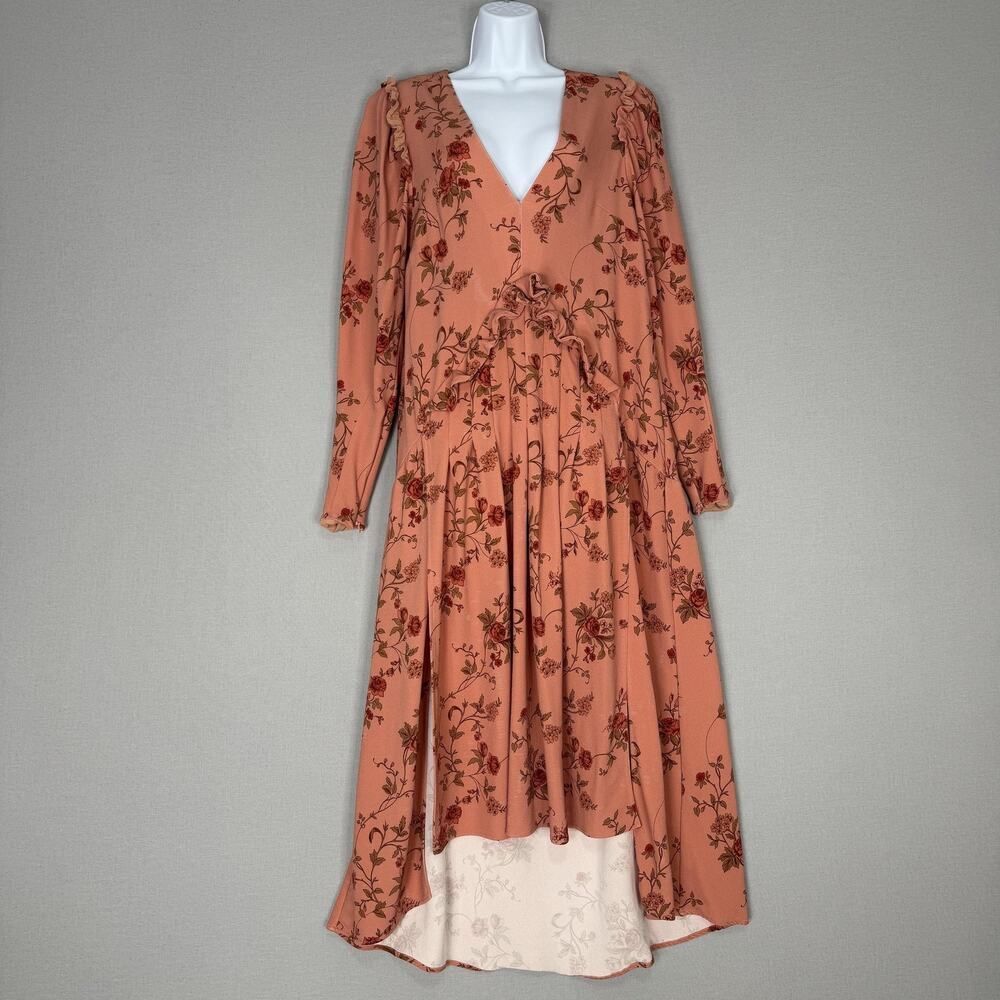 Mother of Pearl Dress Womens 10 Pink Crepe Midi Floral V-Neck Ruffle Cottage‎